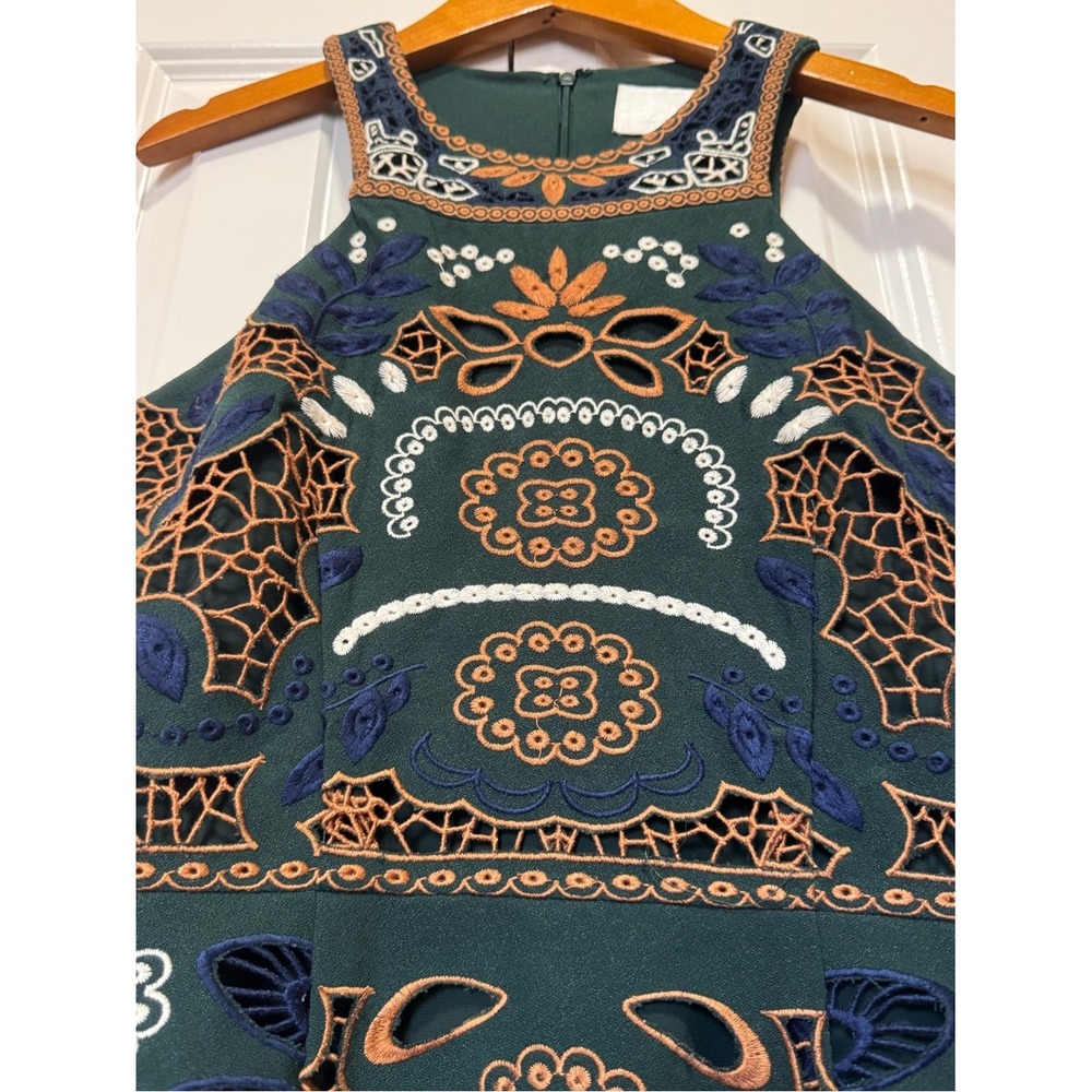 JOA Green Embroidered Lace Mini Dress Women's S Scalloped Hem Boho Sleeveless